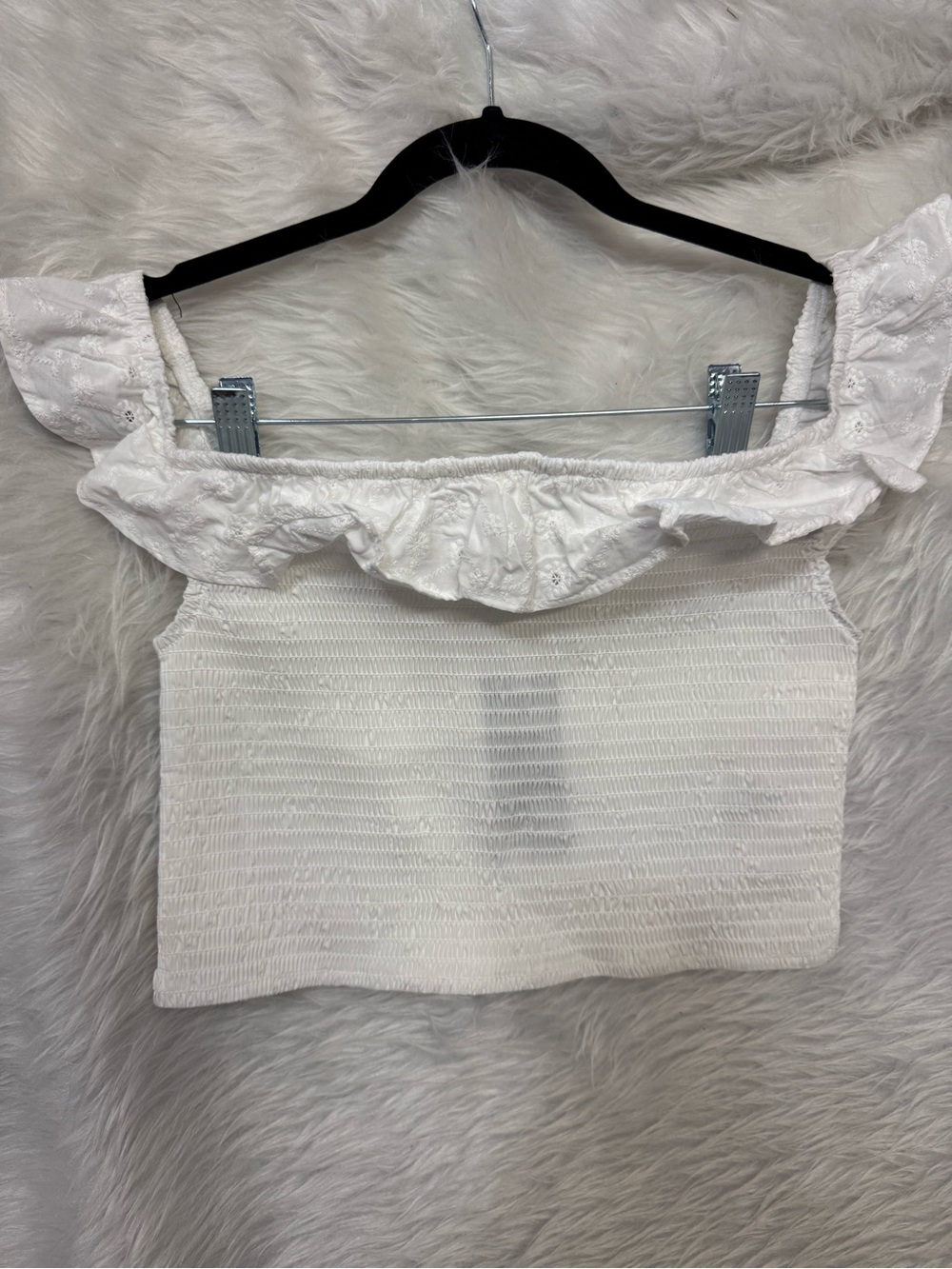 White Textured Smocked Crop top with Floral Embroidery - M